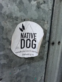 A sticker for Native Dog, a dog training business located in Södermalm.  The sticker features a logo with three leaves and the text "NATIVE DOG" in a triangular design.