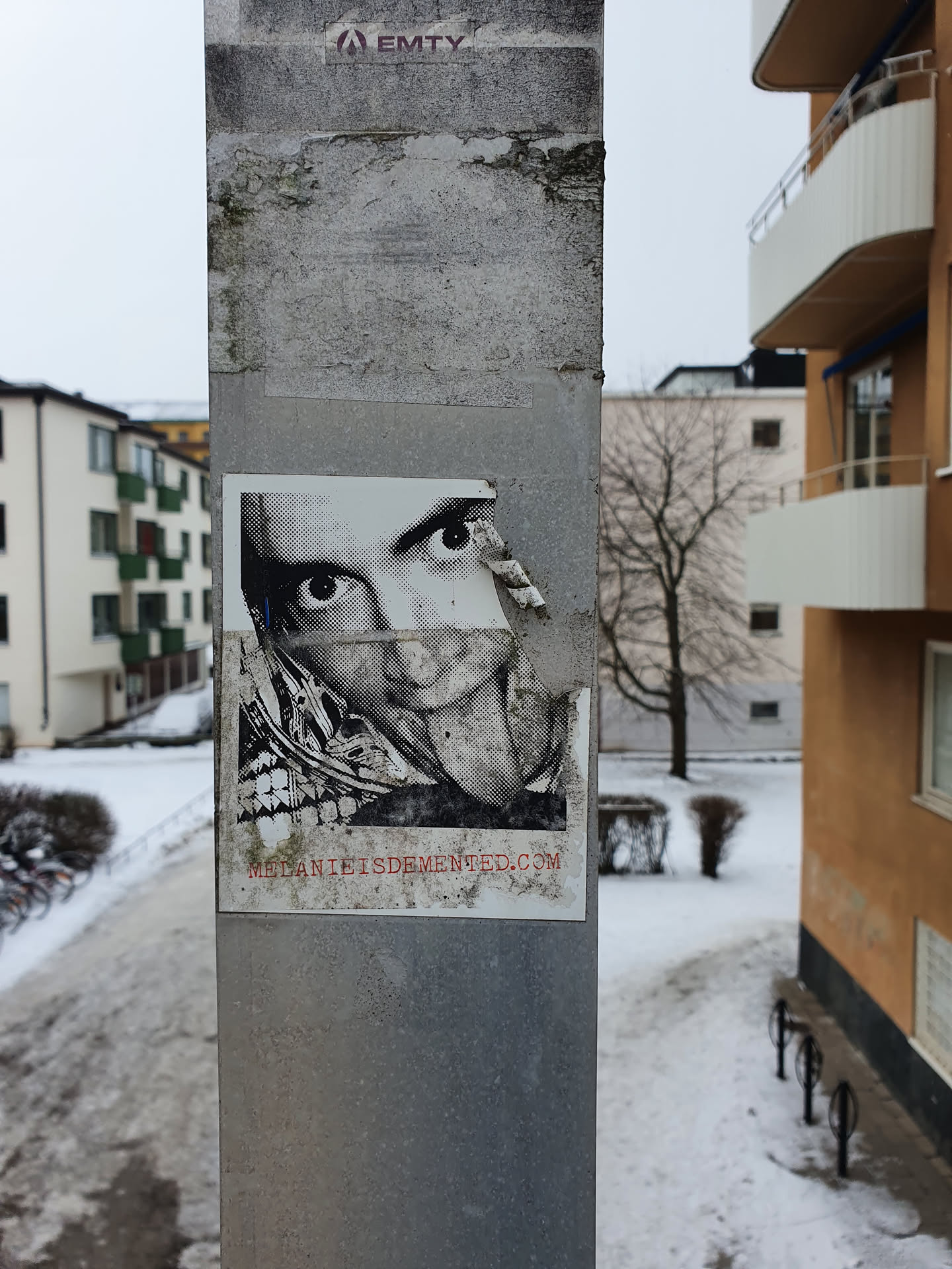 A weathered sticker featuring a black and white portrait. The sticker shows some damage and is affixed to a grey concrete pillar.  The background shows a snowy urban setting. A website address is visible at the bottom of the sticker.