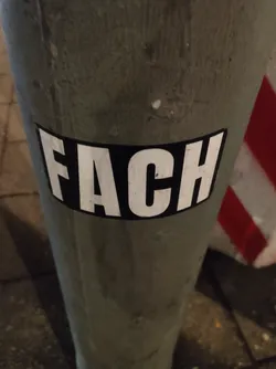 The sticker features the German word "FACH," which translates to "subject" or "field."  It's affixed to a weathered grey pole, suggesting it's been there for some time. The stark black and white text contrasts sharply against the pole's texture. The image is taken at night or in low light conditions.