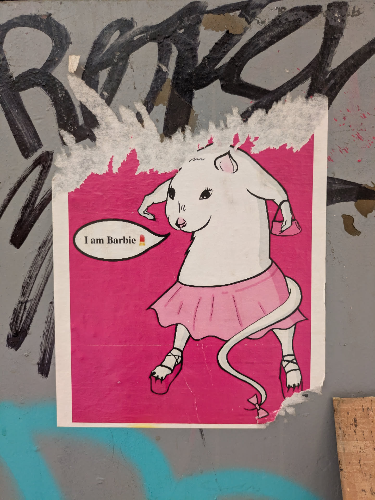A rat, drawn in a simple style, is wearing a pink skirt and shoes. The rat has a matching purse. The background is bright pink. It has a speech bubble that says "I am Barbie" with a lipstick emoji.