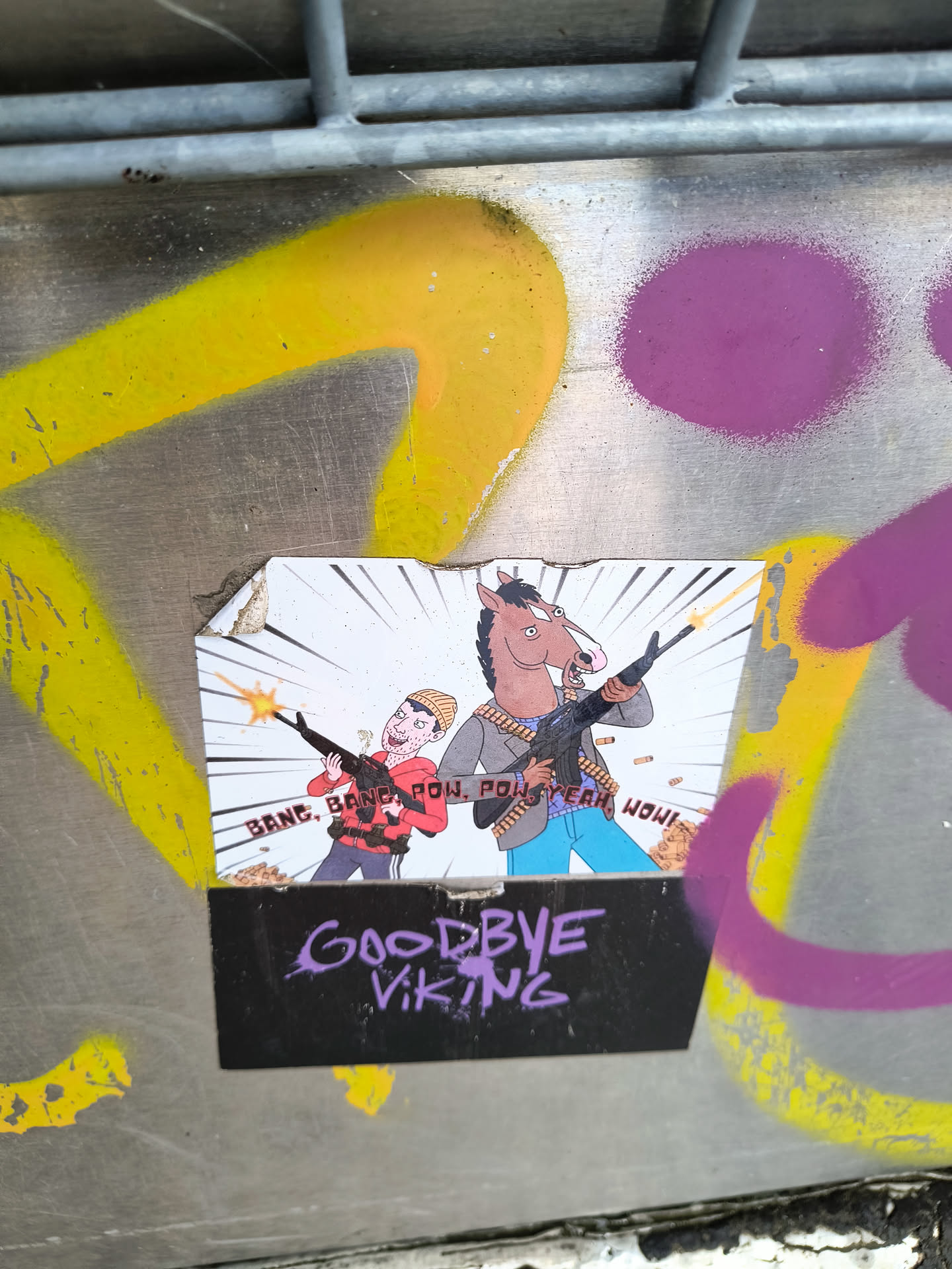 A sticker featuring Bojack Horseman and Todd Chavez from the Netflix show Bojack Horseman.  The characters are depicted holding guns with the words "Bang, Bang, Pow, Pow, Yeah, How!" written above them.  Below the image is a black rectangle with the words "Goodbye Viking" written in purple.