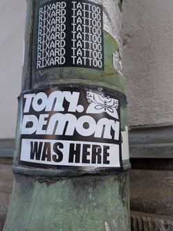 A rectangular vinyl sticker adhered horizontally around a weathered green metal pipe. The design is split into two sections: the top has a glossy black background featuring bold, stylized white text reading 'TONY. DEMON' accompanied by an ornate, tattoo-style butterfly graphic to the right of 'TONY.'. Below this is a white rectangular banner with bold black lettering stating 'WAS HERE'.