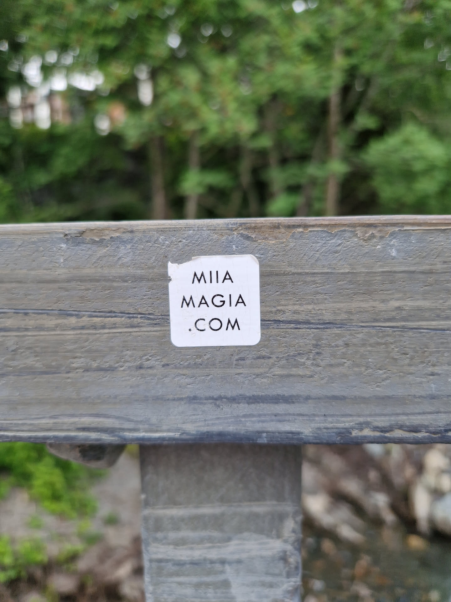 A white square sticker with the text "MIA MAGIA .COM" on a gray wooden surface. The background is blurred, showing green trees.