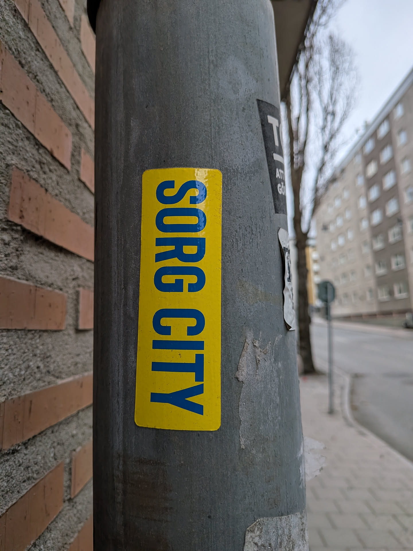 A rectangular sticker with slightly rounded corners, featuring a bright yellow background. The text 'SORG CITY' is printed vertically in a bold, sans-serif blue font, reading from bottom to top. The sticker is adhered to a textured, grey metal pole, which shows signs of wear and remnants of other old stickers. The overall appearance is clean and striking against the muted background of the pole.