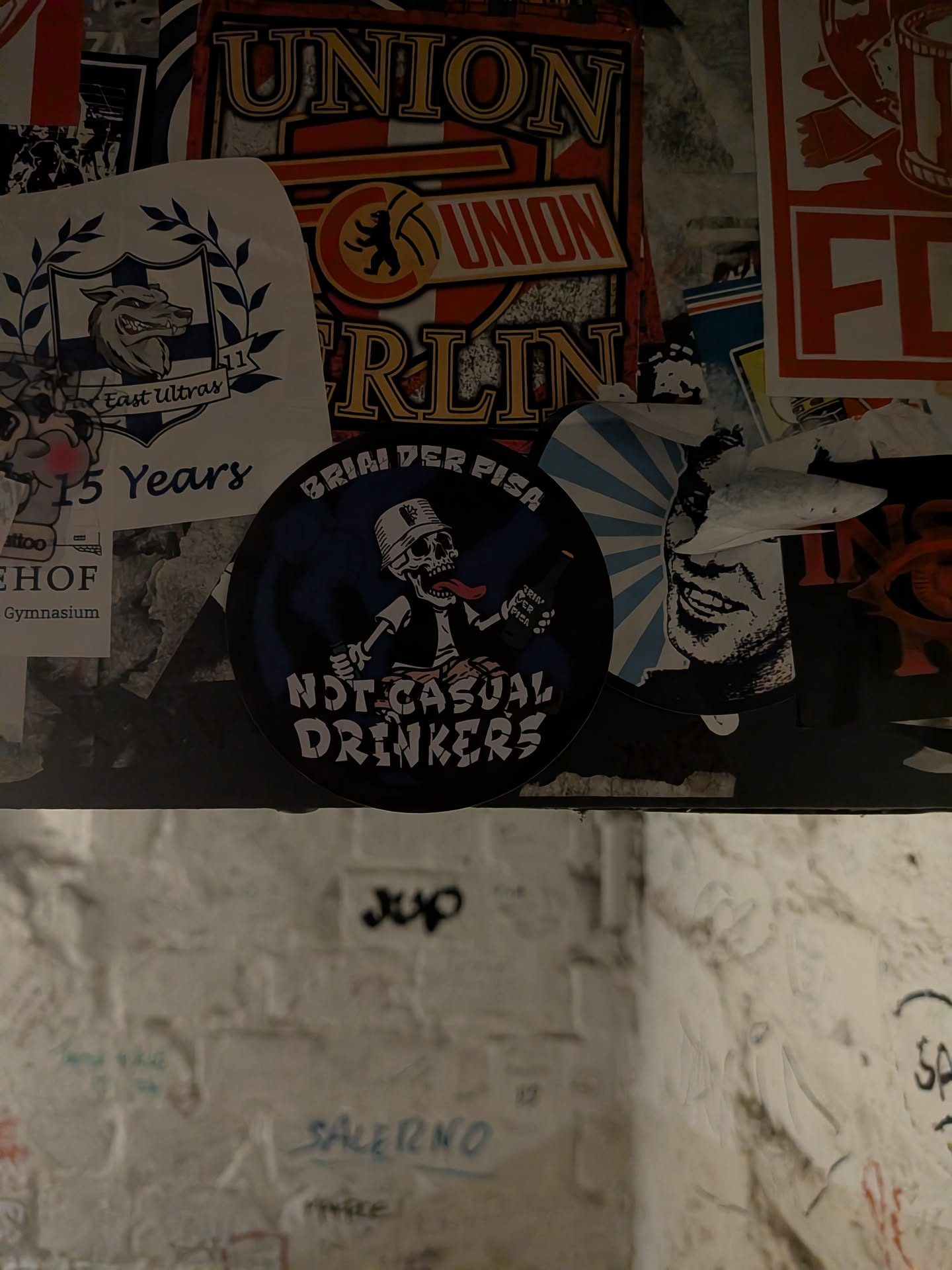 A round, dark-themed sticker featuring an illustrated cartoon skeleton wearing a bucket hat with its tongue sticking out while holding a beer bottle. Arched across the top in stylized lettering is the text 'BRIAI DER PISA', and boldly written across the bottom in distressed, jagged font is 'NOT CASUAL DRINKERS'.