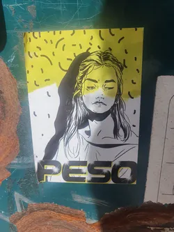 A sticker featuring a stylized illustration of a girl's face in black and white with a yellow background. The word PESO is written at the bottom in a bold, stylized font.