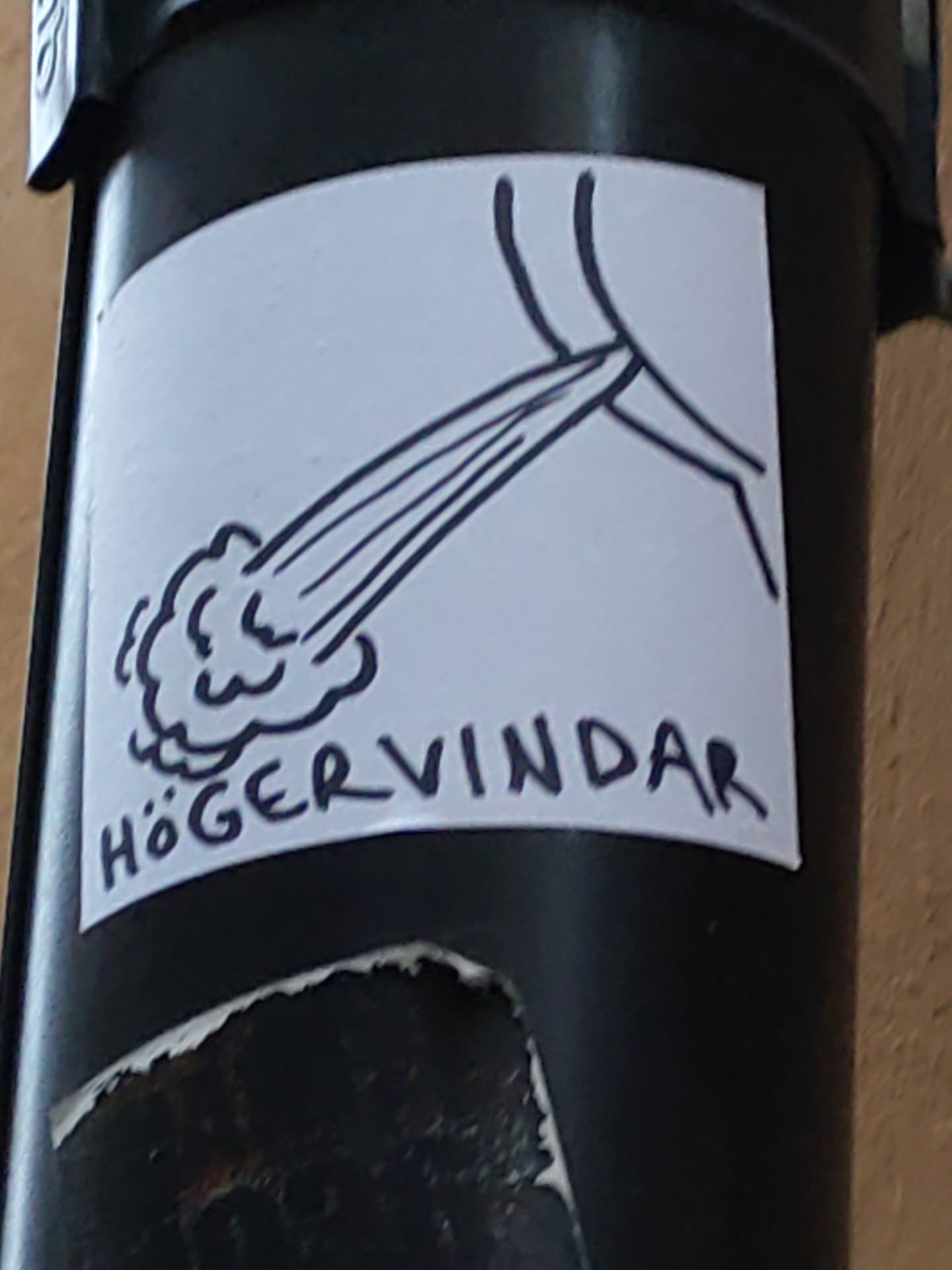 A sticker with a drawing of a fart and the word "Högervindar" written below it.  The style is simple and hand-drawn.