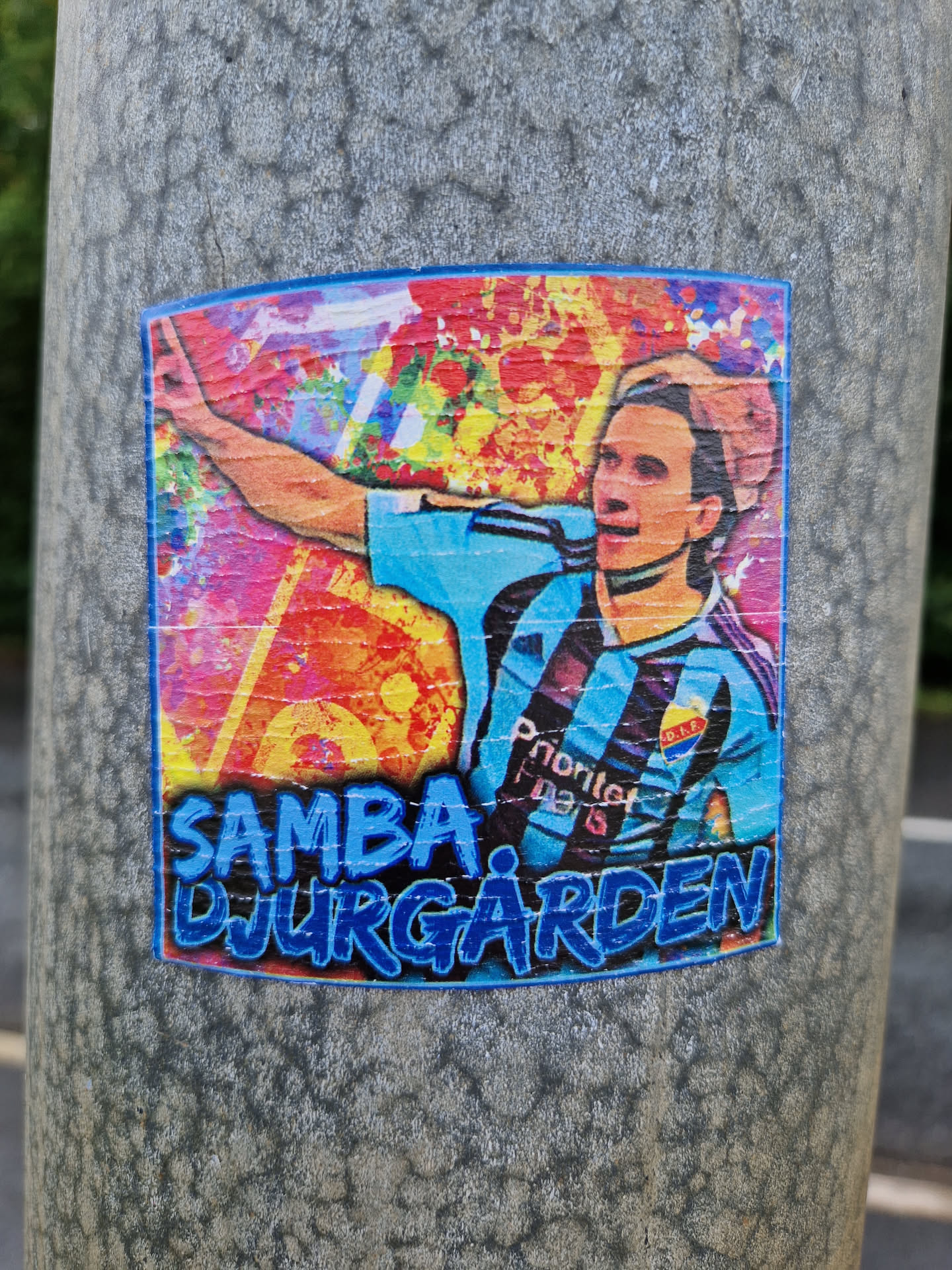 A sticker featuring a vibrant, colorful illustration of a Djurgården player, possibly celebrating a goal.  The style is dynamic and energetic, with a splash of paint effect. The text 'SAMBA DJURGÅRDEN' is prominently displayed at the bottom.