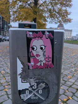 Street sticker A rectangular black sticker featuring an illustrated girl with straight pink hair, large wide cartoon eyes, hoop earrings, pink lips, and a cross pendant necklace. Above her head, stylized pink graffiti-style lettering reads 'Rave in', and beneath her, it reads 'Paradise'. To her right, black gothic text states 'in memory of Emma 2023'.