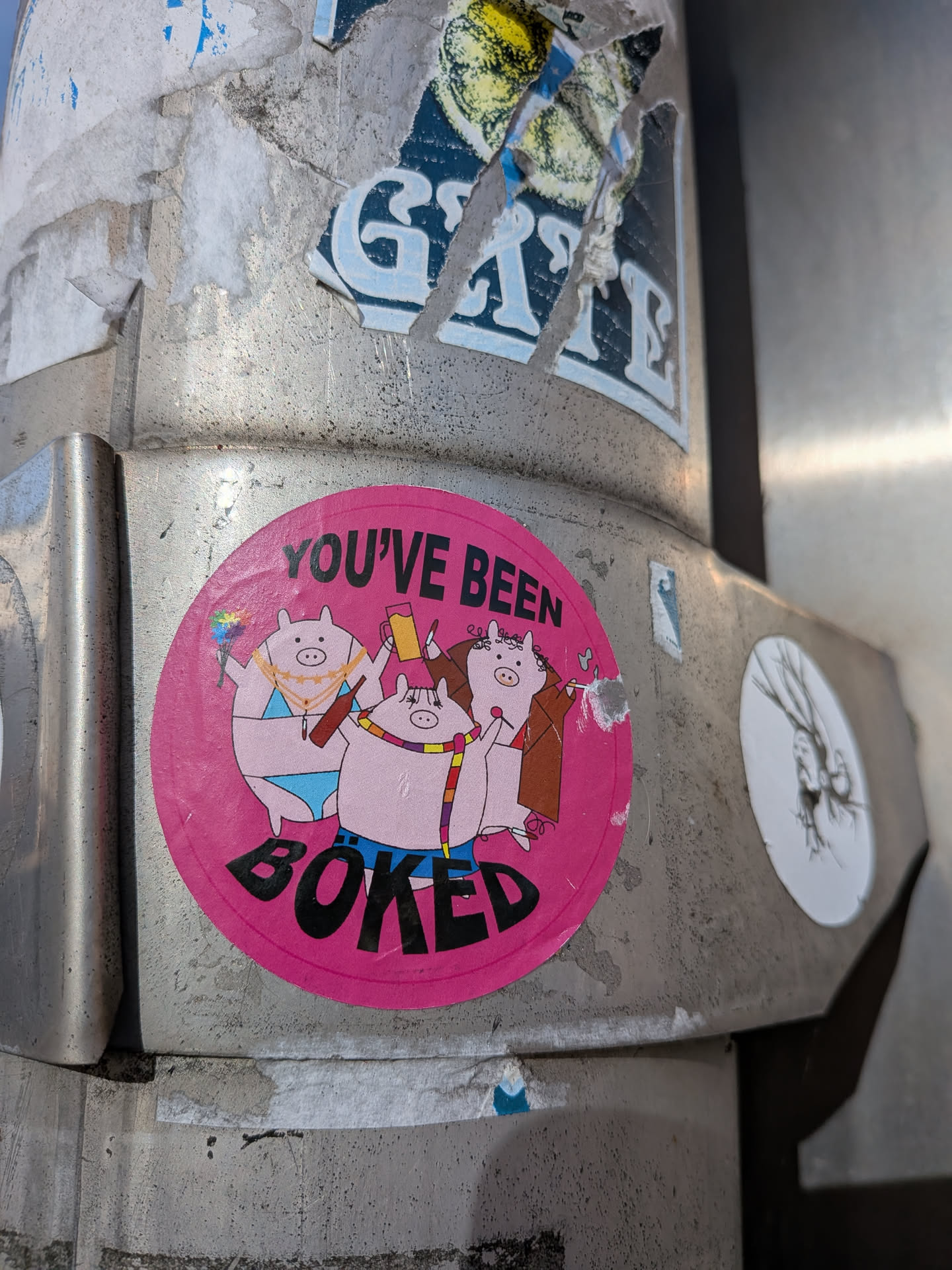 A circular sticker set against a bright pink background. In the center, three cartoon pigs are depicted partying: one wears a blue bikini and gold chain necklace, holding a bottle and a multicolored item; the center pig wears a striped rainbow scarf and raises a drink; and the right pig wears a brown coat while smoking a cigarette. The phrase 'YOU'VE BEEN' is curved across the top in black capital letters, while 'BÖKED' is curved in stylized bold black text along the bottom.