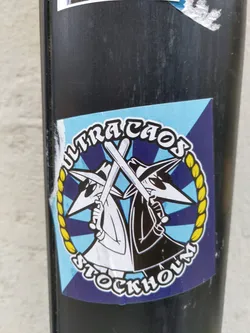 A sticker featuring two characters reminiscent of the Pink Panther, holding crossed bats, with the words "Ultra Caos Stockholm" written around them in a circular design.  The style is cartoonish and bold, with a retro color scheme.