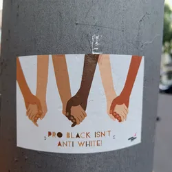 Sticker with an illustration of four pairs of hands holding each other, representing different skin tones.  The text on the sticker states "Pro Black Isn't = Anti White!"