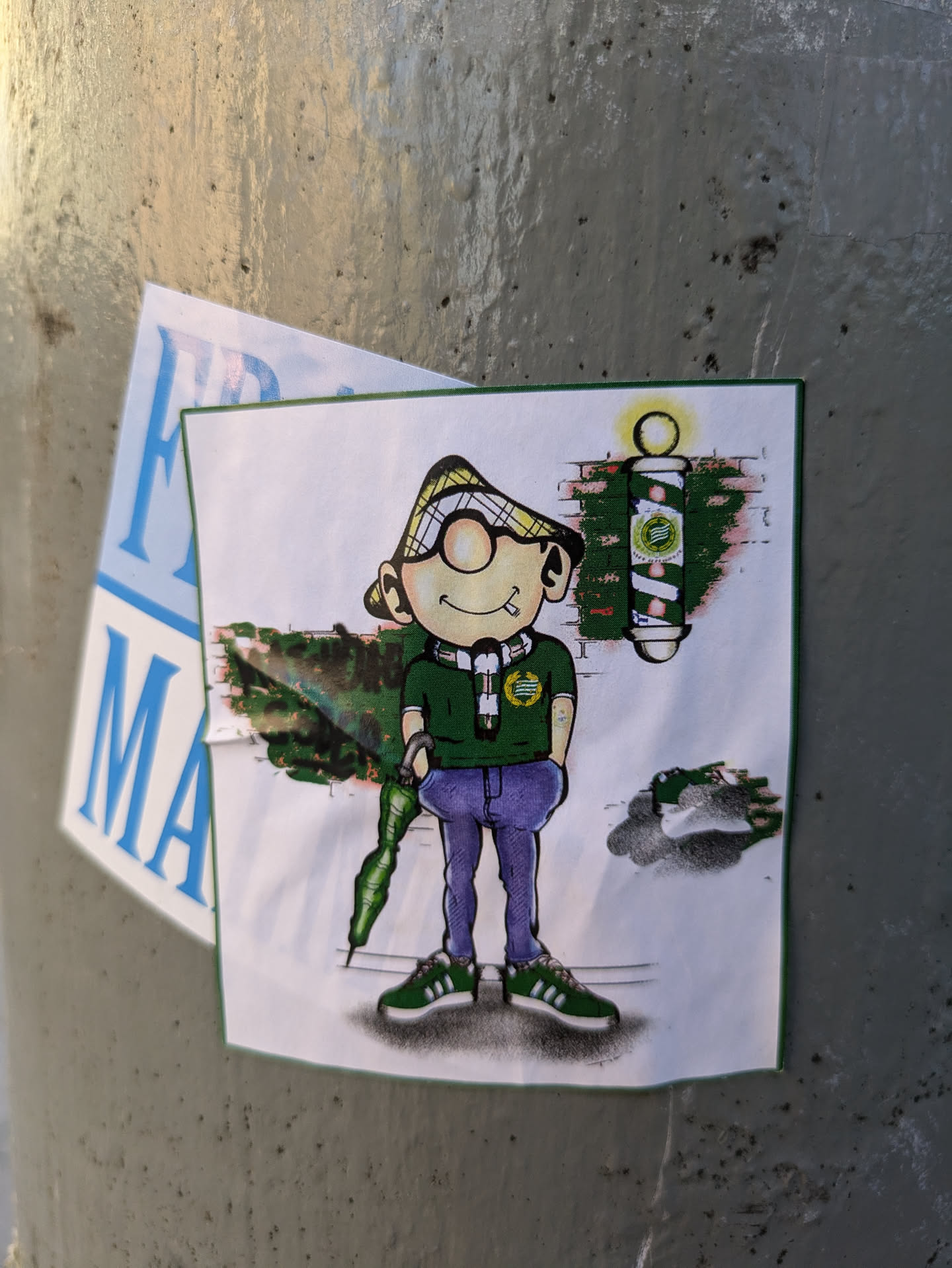 A sticker featuring a hand-drawn illustration of a cartoon man wearing a hat and green polo shirt. He is holding an umbrella and standing in front of a barber pole. The style is reminiscent of vintage cartoon illustrations.
