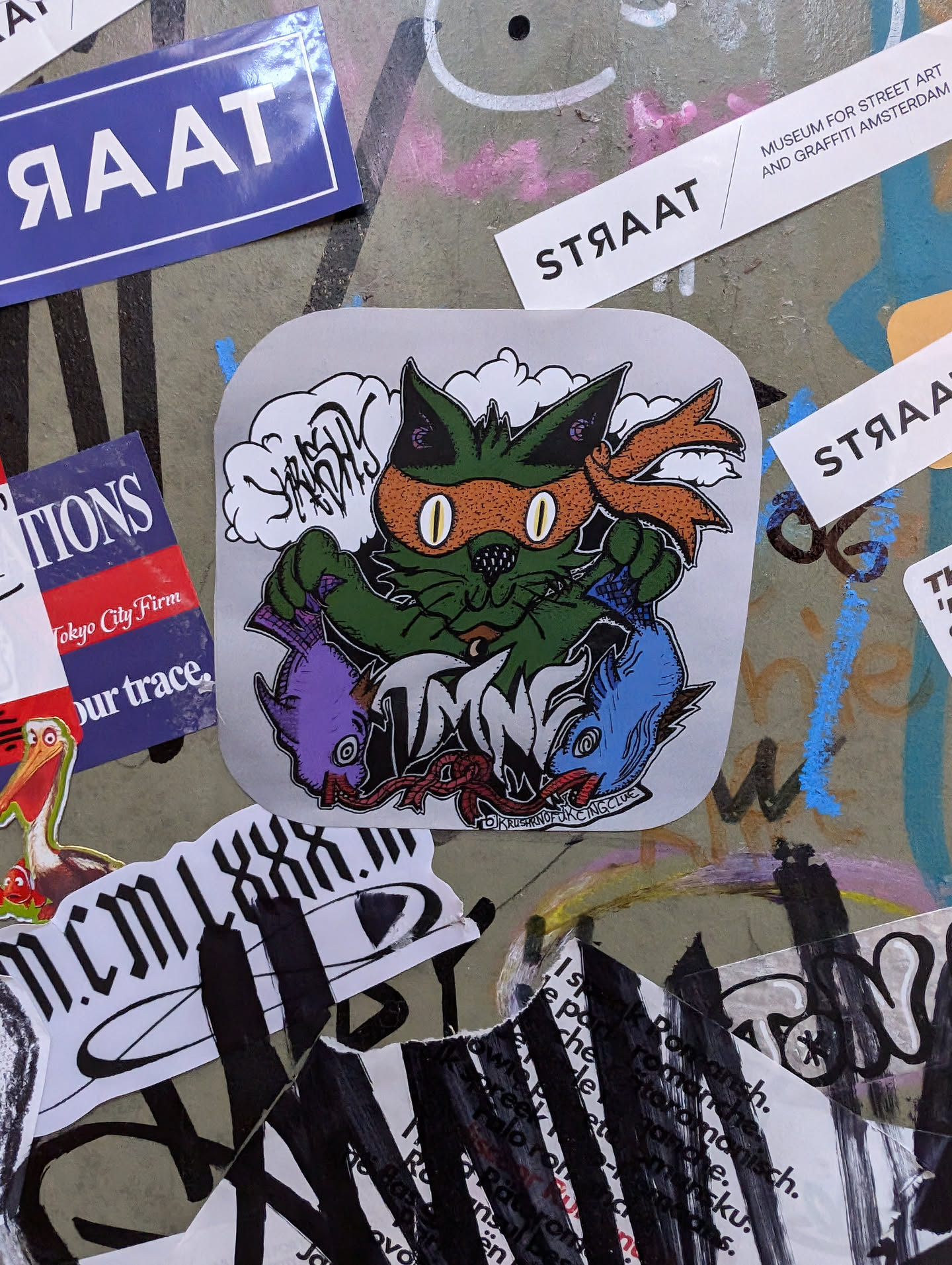 A sticker featuring an illustration of a green cat with an orange ninja mask, holding two fish. The style is cartoonish and playful. The words "TIME WARP" are subtly incorporated into the design. The background is light gray.