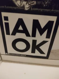Black and white sticker with the text "i am ok" and a social media link at the bottom.