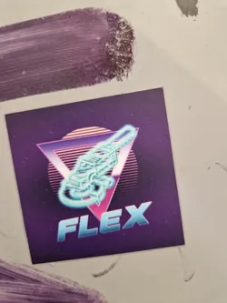 This sticker features a retro-wave design with a neon-colored illustration of a tool, possibly a polisher, within a triangle shape, accompanied by the word "FLEX" in stylized lettering. The color scheme is predominantly purple and pink, creating a vibrant and nostalgic aesthetic.