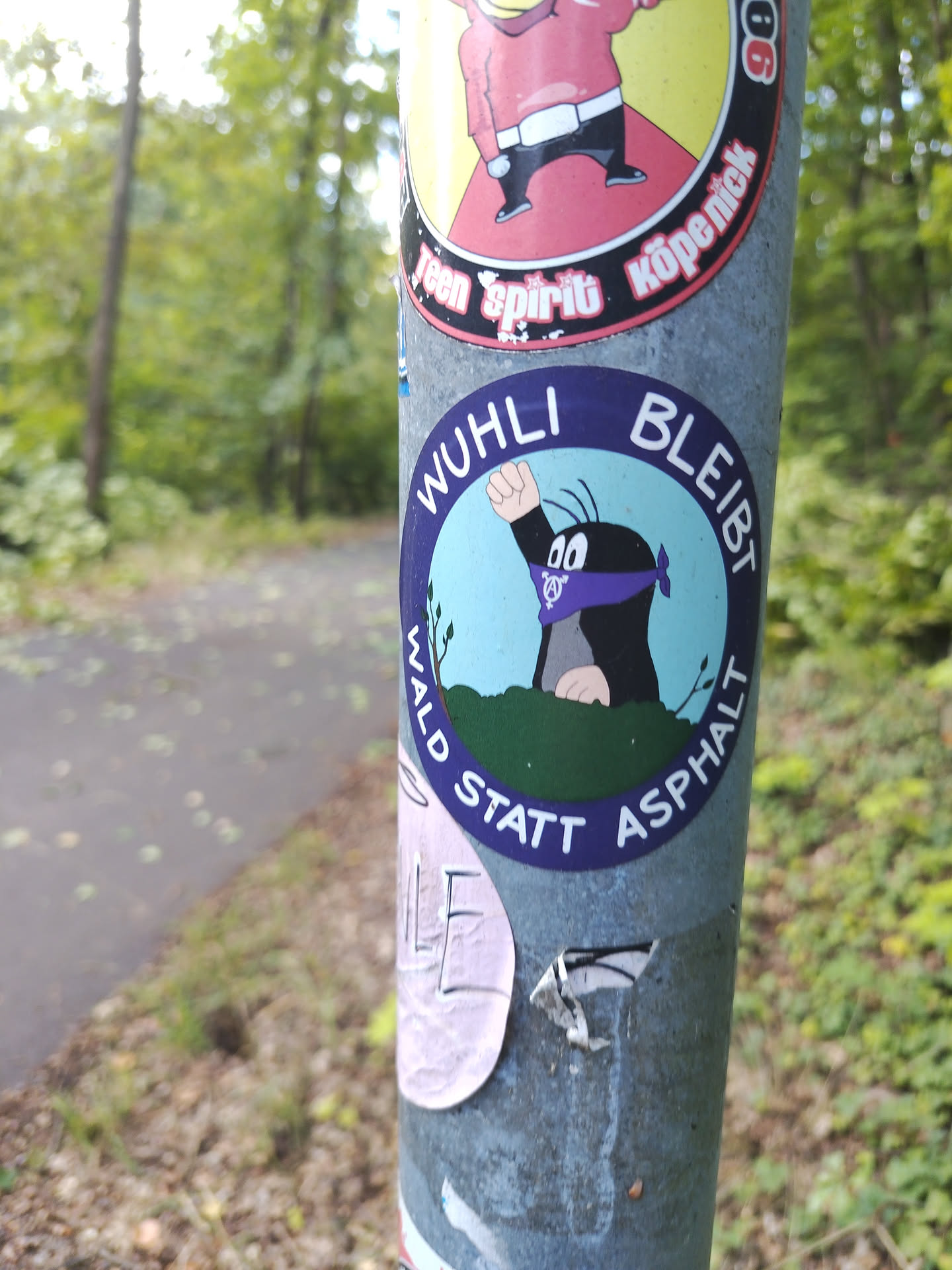 The sticker features a cartoon mole with a purple bandana tied around its head, giving a fist pump. The mole is depicted peeking over a green, grassy hill. The background within the circular sticker is a light blue sky. Encircling the mole and the hill, in white text on a dark blue background, are the words 'WUHLI BLEIBT WALD STATT ASPHALT'. There appears to be a subtle anarchist symbol on the purple bandana.