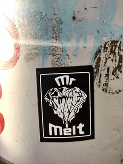 Black and white sticker with a graphic of a melting diamond and the text "Mr Melt".