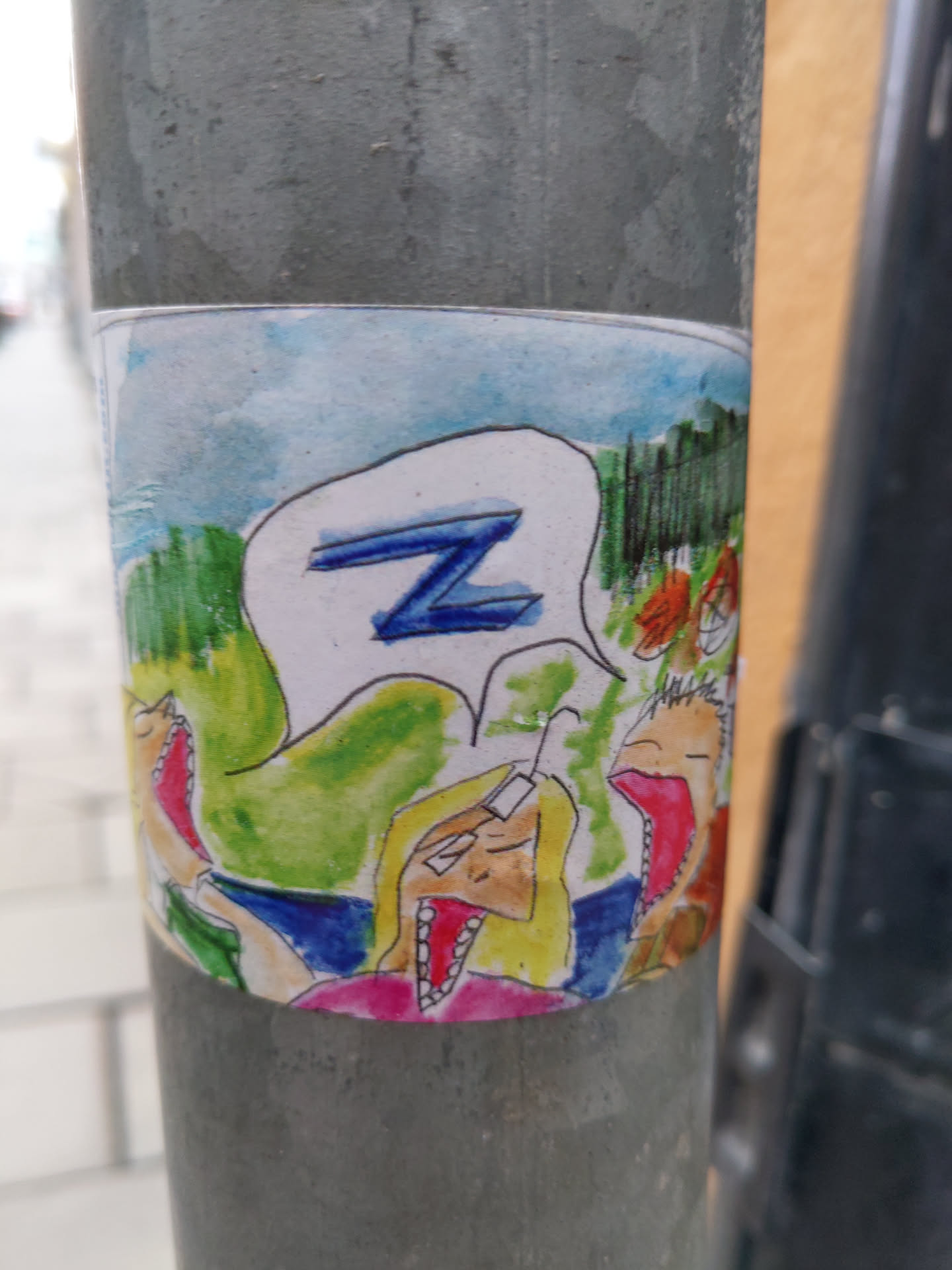 Hand-drawn sticker featuring a cartoon scene of people yawning and a speech bubble with the letter Z. The style is childlike and whimsical.