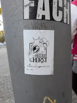 Street sticker A vertical rectangular sticker on a metal post. Printed in black on a white background, the central graphic shows an anthropomorphic vintage-style camera character. The character has cartoon arms: one hand points forward like a finger gun, while the other arm loops over the top to press the shutter button, creating a stylized flash burst above it. Beneath the illustration, the bold stylized text reads 'HUSTLE HORST', framed in black line borders, with the website 'WWW.HUSTLEHORST.DE' printed at the bottom.