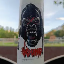 A sticker featuring a graphic illustration of a gorilla's face with red markings that resemble blood. The word "WOUND" is written below in a bloody font. The sticker is stuck on a white pole. 