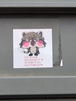 This sticker shows a cartoon raccoon character with glasses, blushy cheeks, and a bored expression. It's holding a lit cigarette in its hand. Below the illustration, there's text in red.