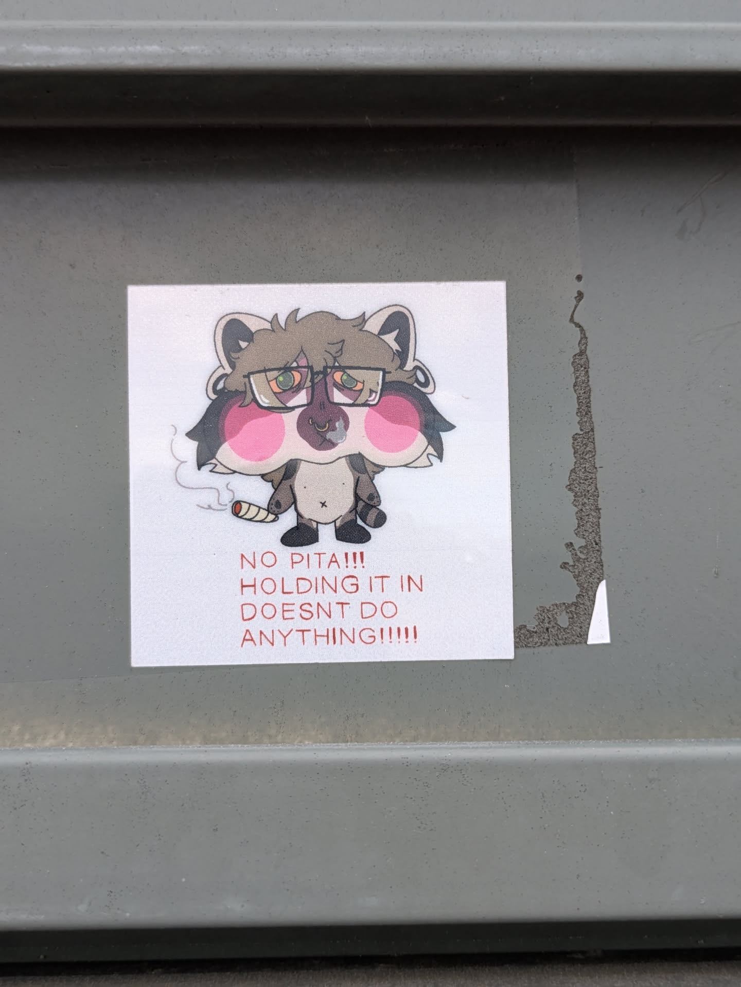This sticker shows a cartoon raccoon character with glasses, blushy cheeks, and a bored expression. It's holding a lit cigarette in its hand. Below the illustration, there's text in red.