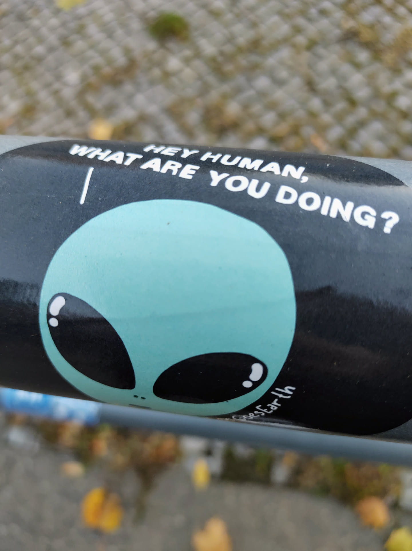 A round sticker with a cute alien face and the text 'Hey human, what are you doing?' on a black background. The alien is light teal with black eyes. 
