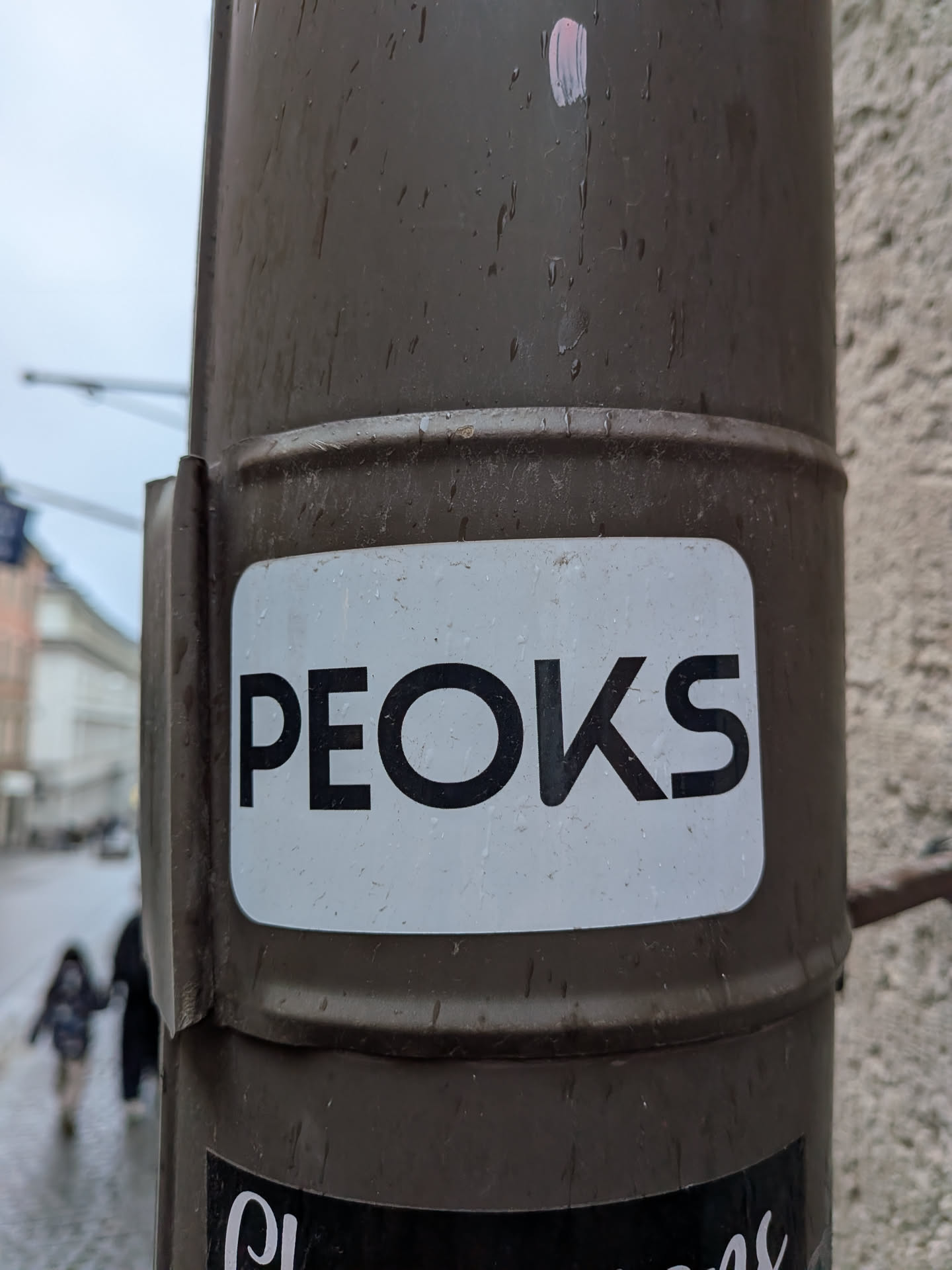 The sticker is a white rectangle with slightly rounded corners, affixed to a dark, wet metal pole. The word "PEOKS" is prominently displayed in the center in a bold, black, sans-serif, uppercase font. The design is very clean and minimalist, with water droplets visible on the sticker's surface, indicating outdoor exposure.