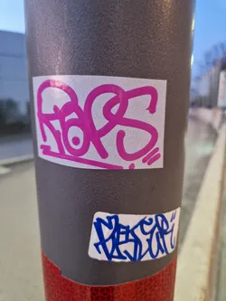 A close-up shot of two stickers on a gray pole. The top sticker features pink graffiti-style lettering, while the bottom sticker has blue graffiti.  The background is blurred, showing a street scene.