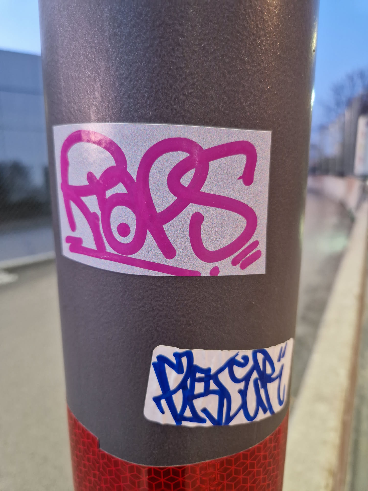 A close-up shot of two stickers on a gray pole. The top sticker features pink graffiti-style lettering, while the bottom sticker has blue graffiti.  The background is blurred, showing a street scene.