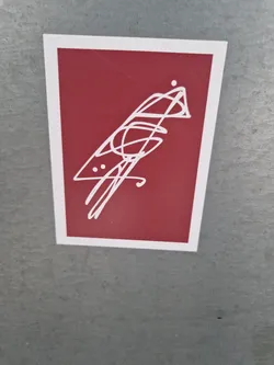 A minimalist sticker featuring a stylized bird illustration in white on a maroon background. The bird is depicted with simple lines and dots, giving it a modern and abstract feel. 