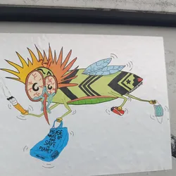 A sticker featuring a cartoon fly with a distressed expression, carrying a shopping bag and various items like a cigarette and a discarded mask. The fly's design incorporates vibrant colors and patterns, with the text on the bag advocating for environmental awareness.