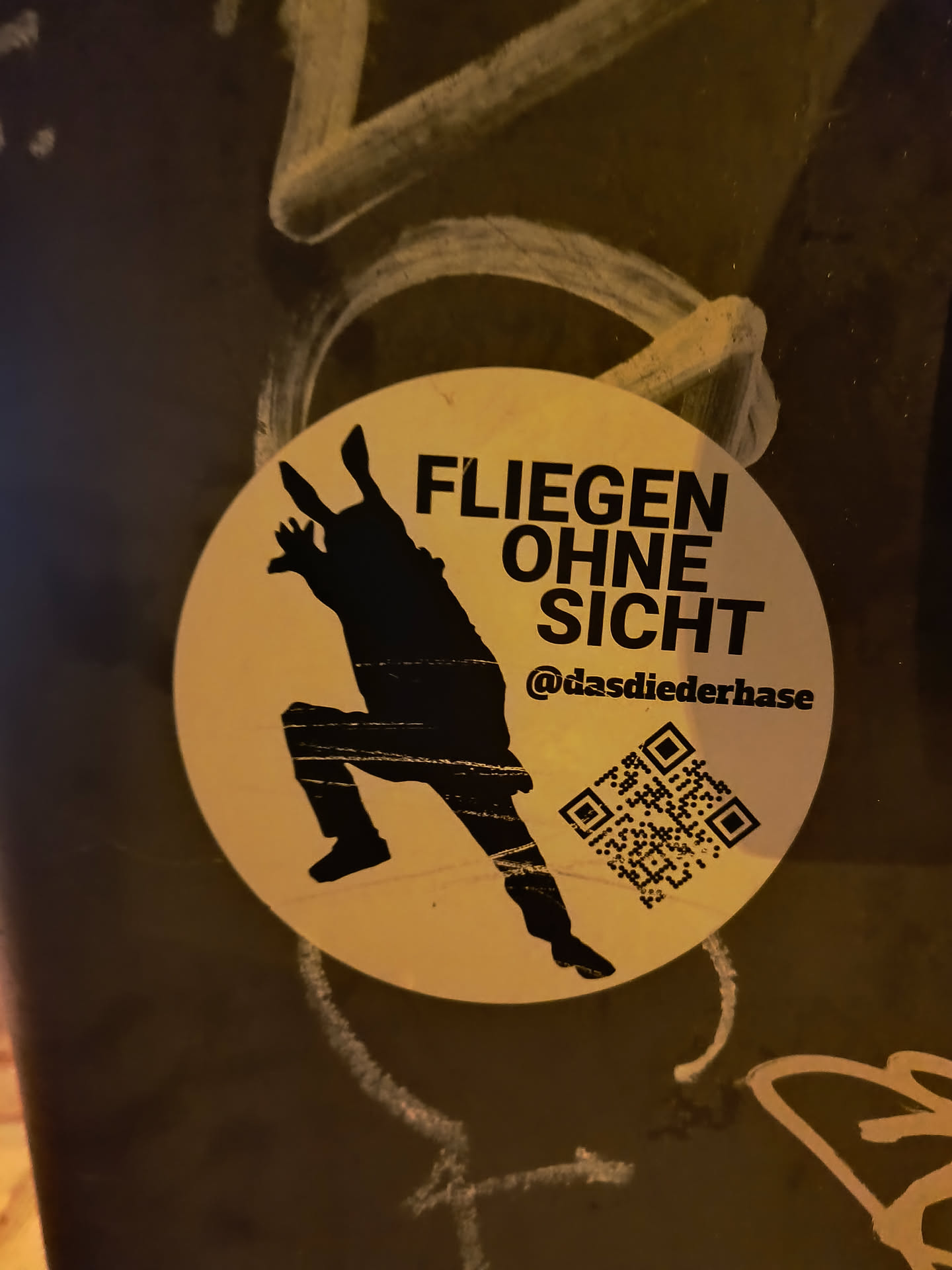 A round sticker with a black silhouette of a person in a dynamic pose, seemingly jumping or falling. The text "FLIEGEN OHNE SICHT" is written above the figure, which translates to "Flying without sight" in German.  A QR code and Instagram handle are included at the bottom.