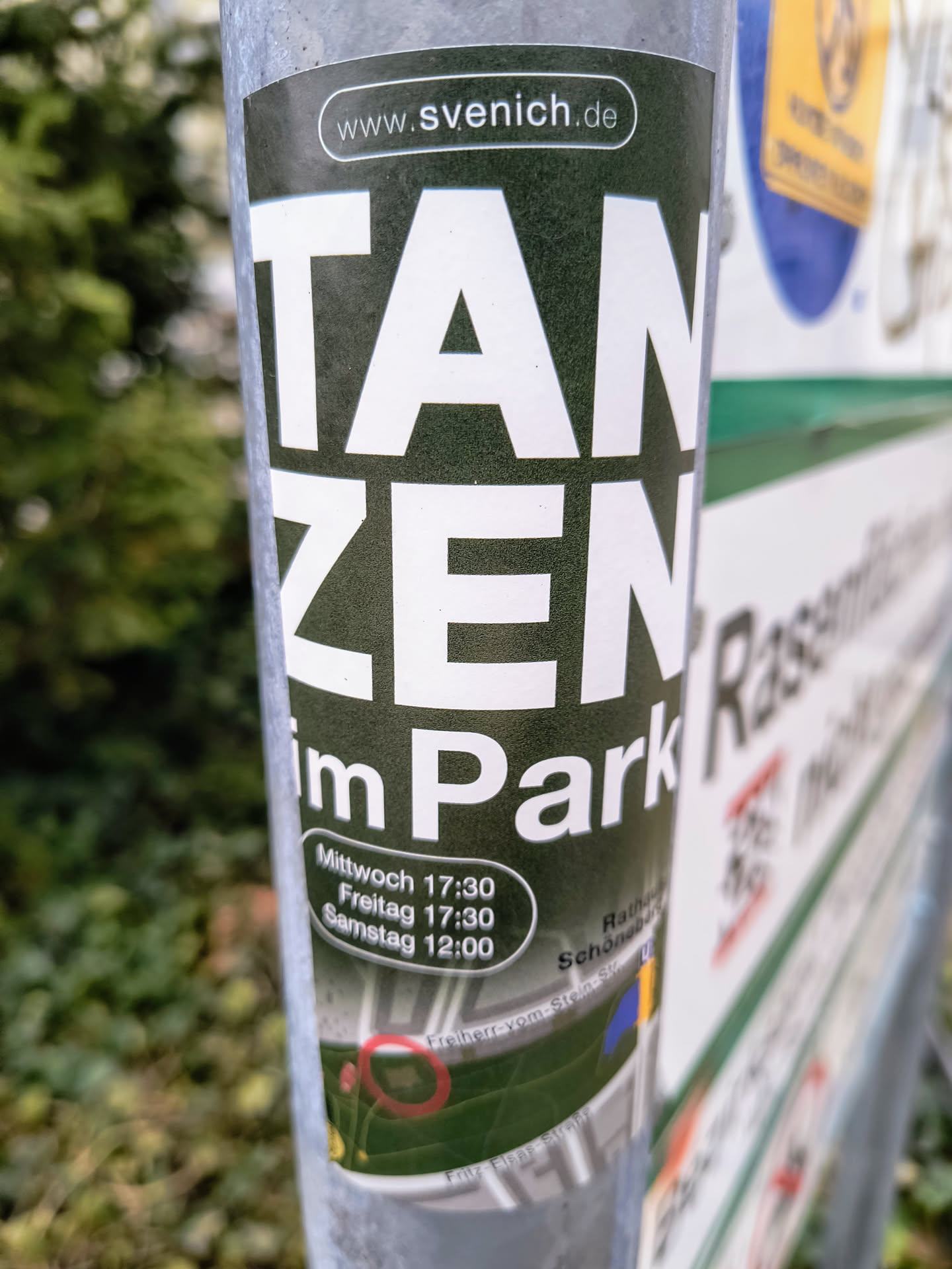 A sticker promoting dance events in Svenich im Park. The sticker displays the event name in large, bold, white letters on a green background. The URL "www.svenich.de" is printed at the top of the sticker. The sticker lists the times for the event on Wednesday, Friday and Saturday. A small map is printed at the bottom of the sticker.