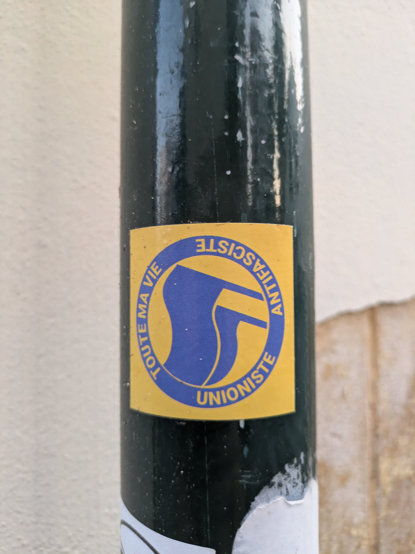 A yellow sticker with a blue logo featuring two flags inside a circle is attached to a dark-colored pole. The text "TOUTE MA VIE" and "ANTIFASCISTE UNIONISTE" surrounds the logo.