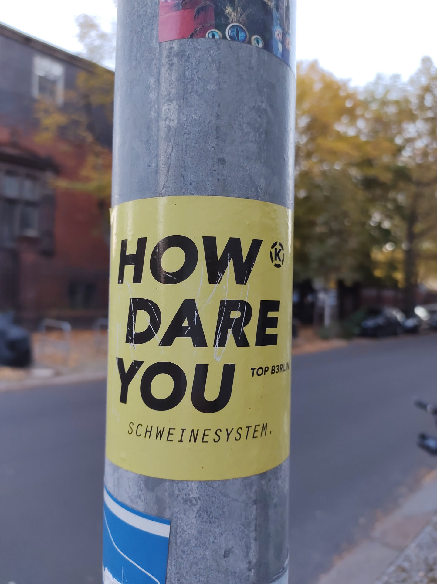 A yellow sticker with black text that says "HOW DARE YOU" and "SCHWEINESYSTEM." at the bottom. The sticker is on a metal pole. The background is a blurry street scene.