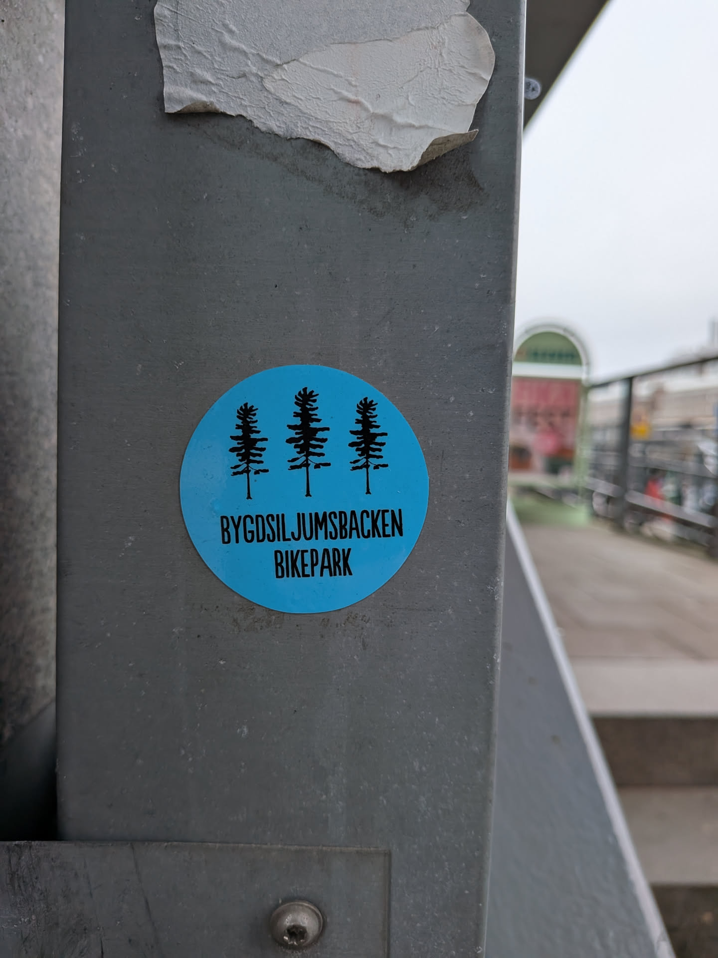The sticker is circular with a bright blue background. In the center, there are three stylized black pine trees with detailed branches. Below the trees, in bold black sans-serif font, are the words 'BYGDSILJUMBACKEN' on the top line and 'BIKEPARK' on the bottom line.