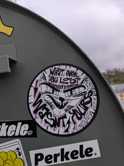 A round sticker features a stylized drawing of a cat's face with sharp teeth and intense eyes. The text "WHATEVER YOU LOST IT WASN'T YOURS" surrounds the cat's face in a dripping, graffiti-like font. Some additional symbols and characters are included around the edges of the sticker. The sticker is black and white with a subtle pink outline on the text.