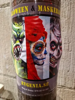 Sticker featuring three faces with Halloween makeup: a monster, a Calavera Catrina, and a zombie.  The sticker advertises EVGENIA.SE, providing a phone number for booking.