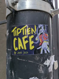 Sticker featuring an illustration of a woman with headphones, promoting an event called TipTien Cafe on June 27th, 2024. The style is reminiscent of graphic design from the 90s or early 2000s.