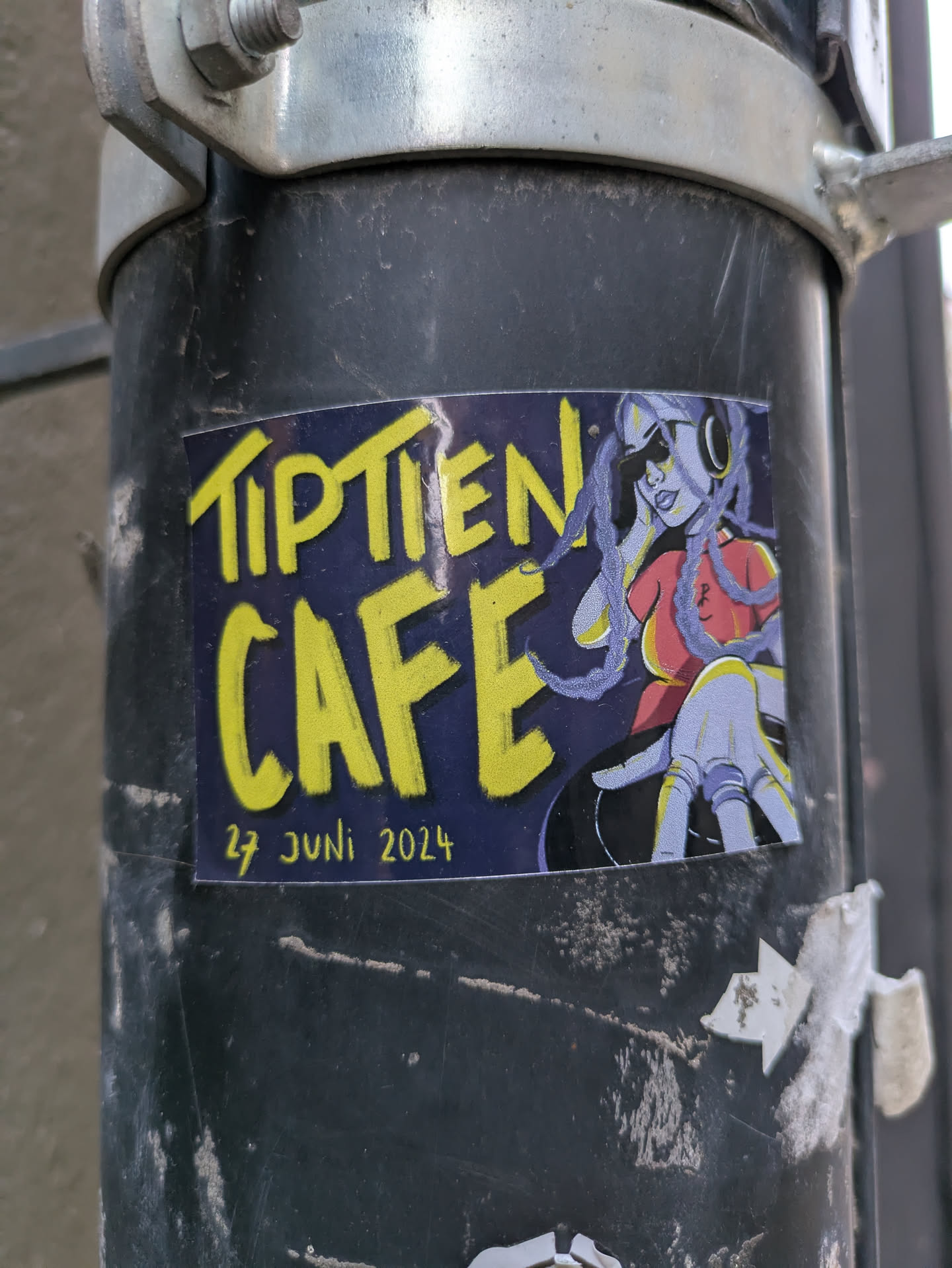 Sticker featuring an illustration of a woman with headphones, promoting an event called TipTien Cafe on June 27th, 2024. The style is reminiscent of graphic design from the 90s or early 2000s.