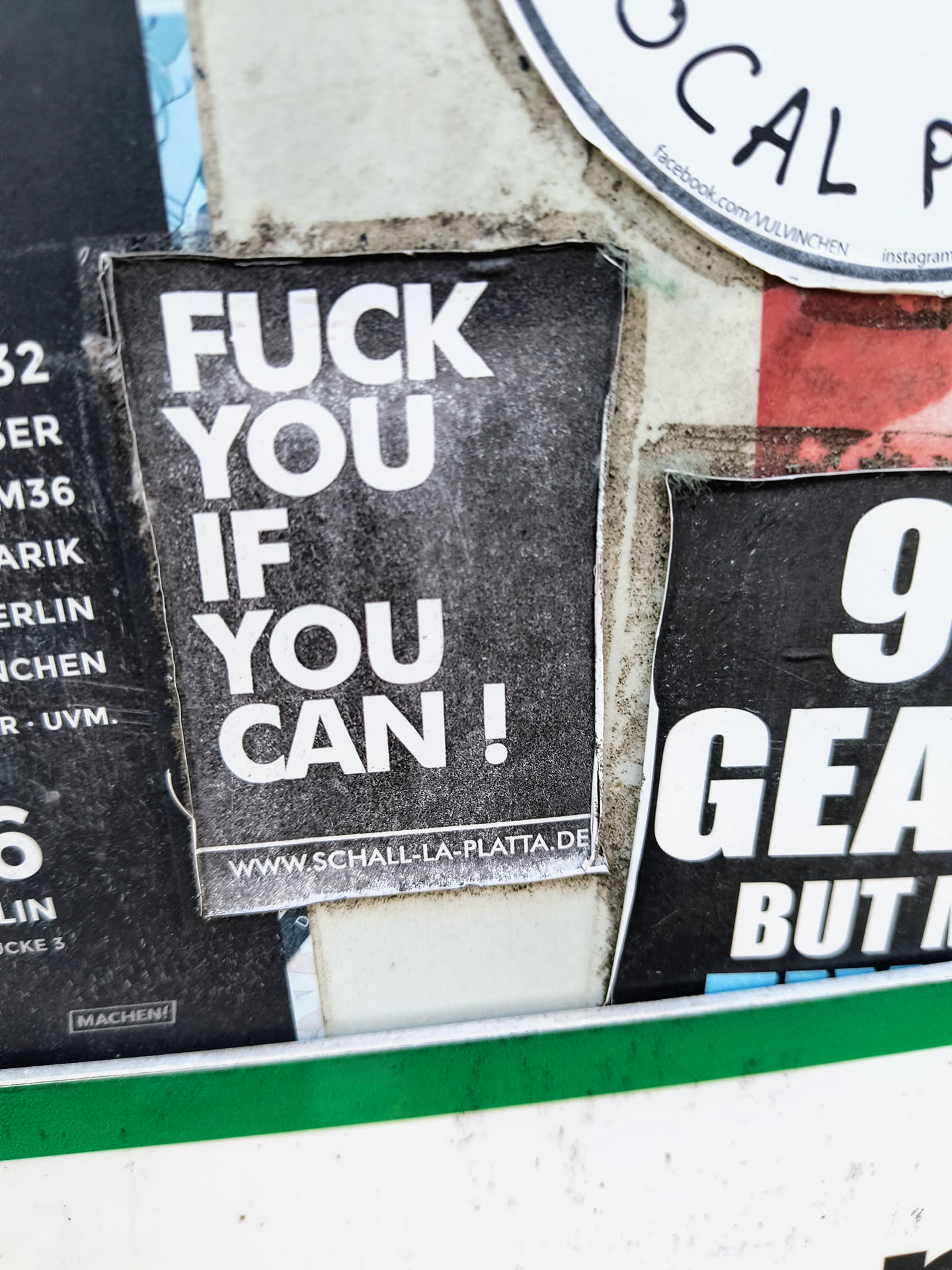 The sticker is black with white text and has the phrase "FUCK YOU IF YOU CAN!". Below the phrase, it includes the URL "www.SCHALL-LA-PLATTA.DE".