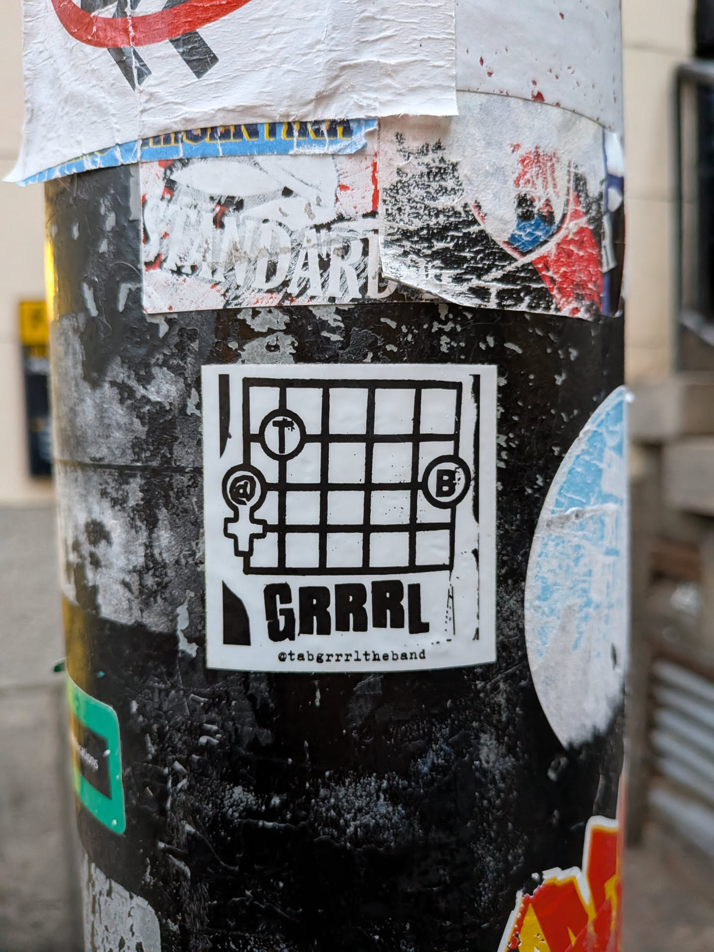 A rectangular, black and white sticker featuring a grid pattern resembling a guitar fretboard or musical staff. The grid contains three distinct symbols: a female gender symbol with an '@' sign inside its circle in the top-left, a 'T' in a circle in the top-middle, and a 'B' in a circle in the top-right. Below the grid, the word 'GRRRL' is prominently displayed in bold, uppercase letters. Beneath 'GRRRL', a smaller text reads '@tabgrrrltheband'. The sticker has a white background with black lines and text, showing some minor wear and tear on its edges.