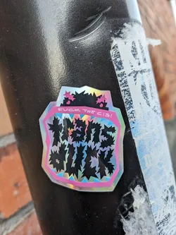 A holographic sticker with a pink border and black text. The text says "Trans rights!" and "Fuck the cis!"