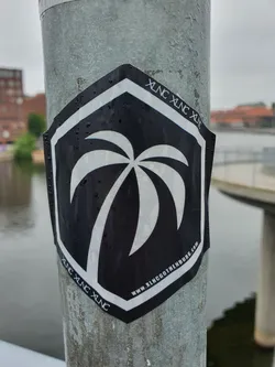 Black and white sticker with a palm tree in the center and XLNC text around it.  The sticker is affixed to a metal pole outdoors and appears to be wet from rain. The bottom of the sticker contains the website address www.xlncgothenburg.com