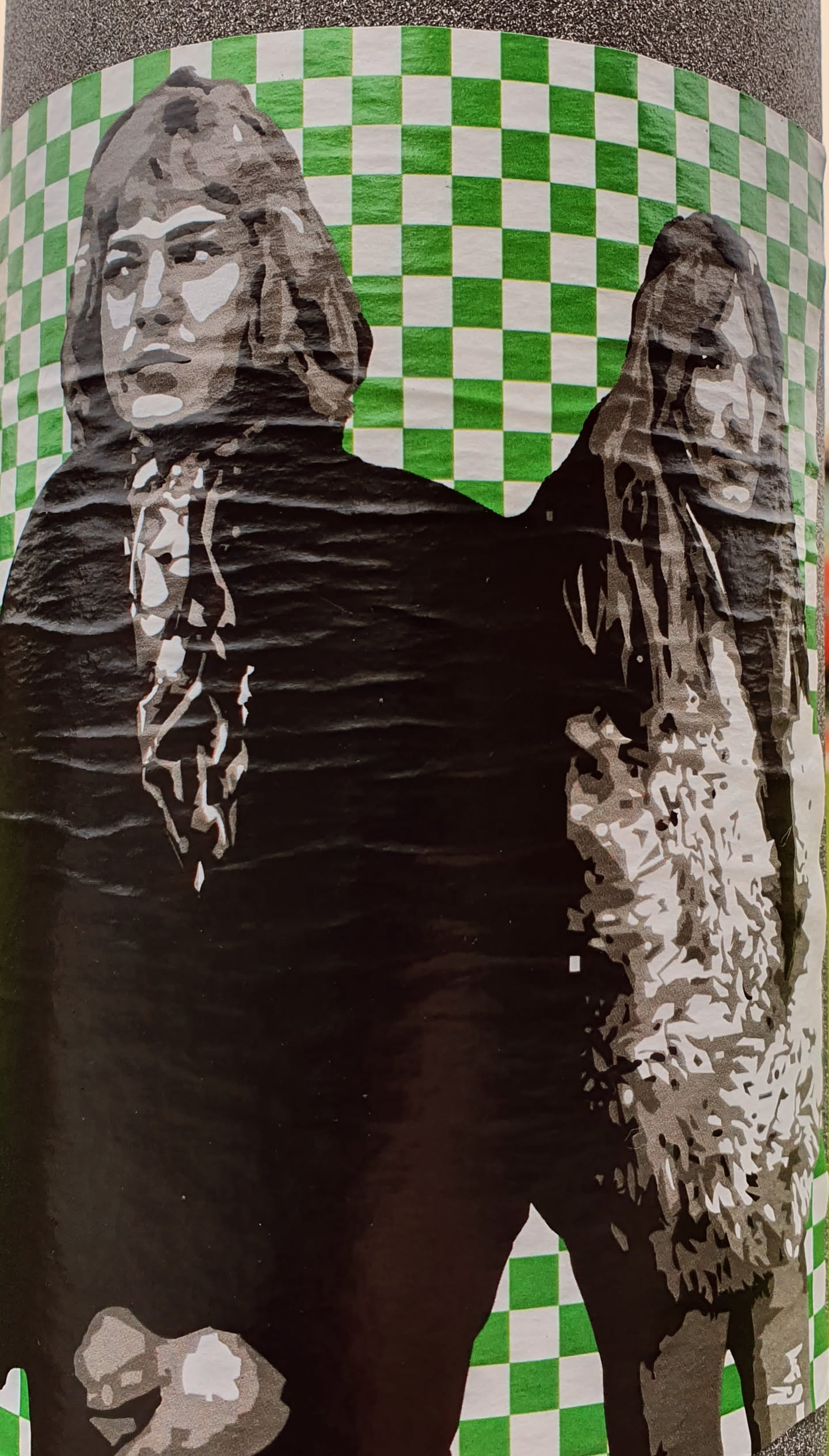 This sticker features a stylized depiction of two individuals, possibly musicians or artists, with a vintage aesthetic.  The image is monochromatic with a textured effect suggesting it might be a stencil or screen print. The background is a bold green and white checkerboard pattern.