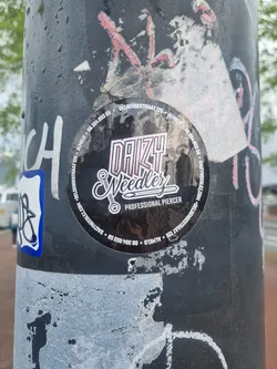 A round sticker advertising Daisy Weedler, a professional piercer.  The sticker features the name 'Daisy Weedler' in a stylized font, along with the title 'Professional Piercer'.  Contact information is present around the circumference of the sticker.