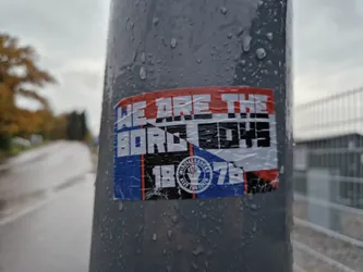A sticker featuring the text "WE ARE THE BORO BOYS" with the numbers 1876 and a logo. The sticker is affixed to a wet pole outdoors.