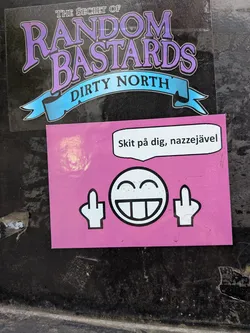 The sticker is rectangular with a bright pink background. In the center, there is a large, stylized smiley face with wide eyes and a broad, toothy grin. On either side of the smiley face, there are white hands with index fingers extended upwards, each giving the middle finger gesture. Above the smiley face, there is a white speech bubble containing text. The overall style is bold and graphic.